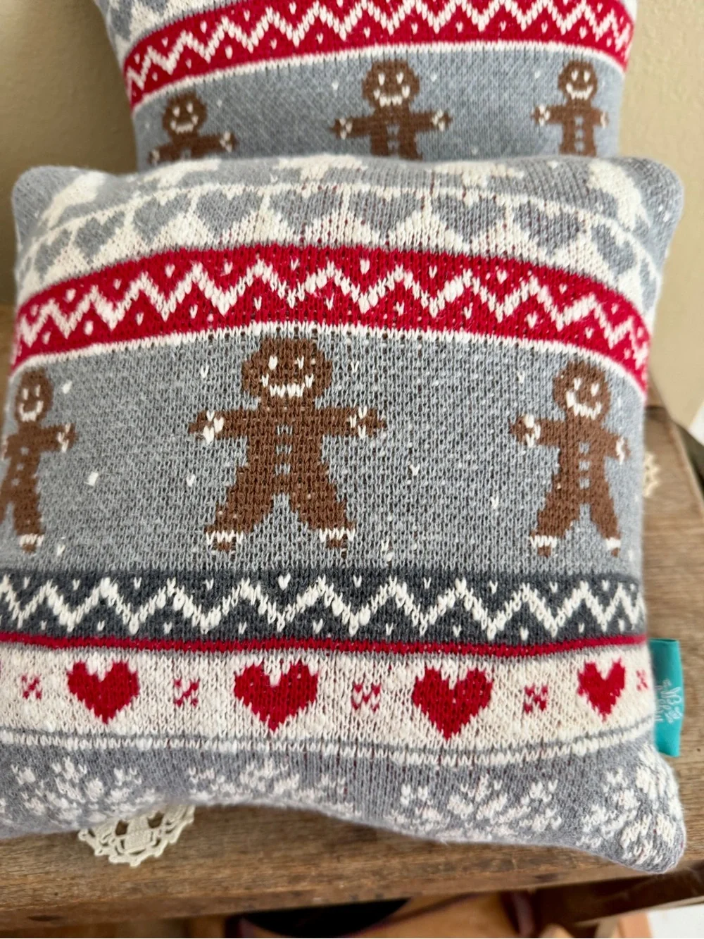 Holiday Gingerbread Knit Decorative Pillow - Gray and Red
